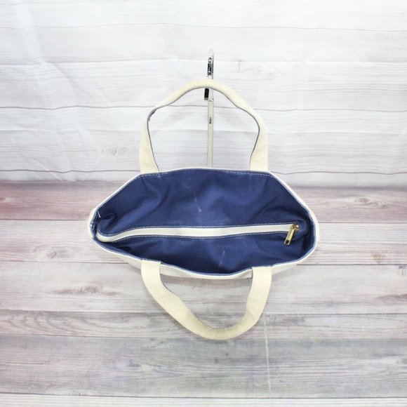 LL BEAN Boat & Tote Cream Canvas Blue Trim JMS & IBS Zip Top Purse Tote Handbag - Picture 7 of 9